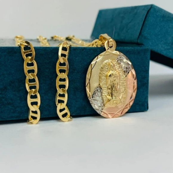 Virgen de Guadalupe Necklace Pendant Mariner Link Chain 20" for Womens in Gold F - Picture 5 of 7